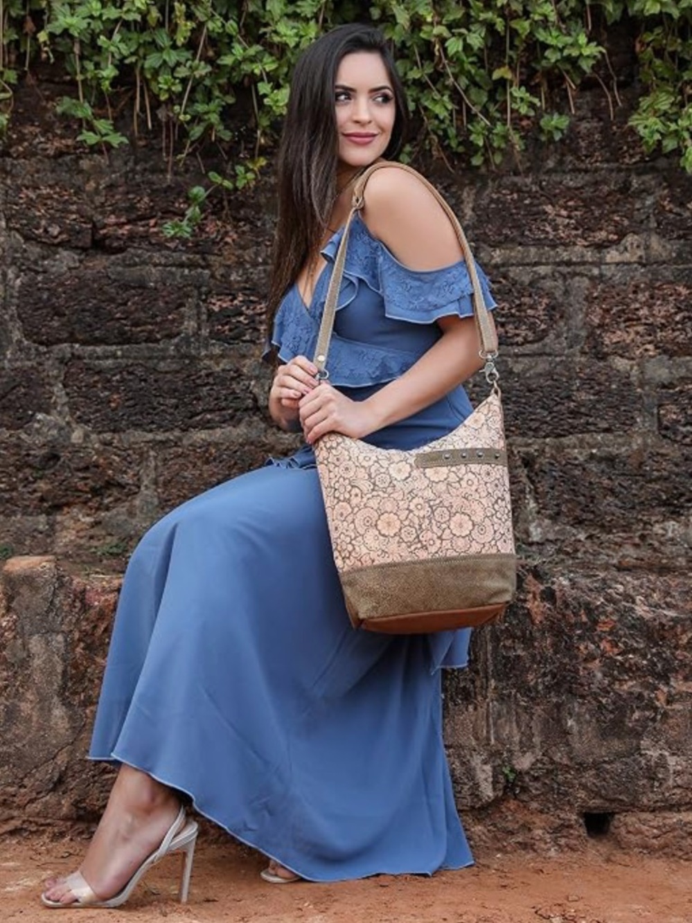 Myra Bag Apricot Upcycled Canvas & Leather Shoulder Bag